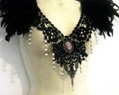 Steampunk jewelry collar victorian black feather and lace collar corset with cameo pearls and epaulettes epaulets
