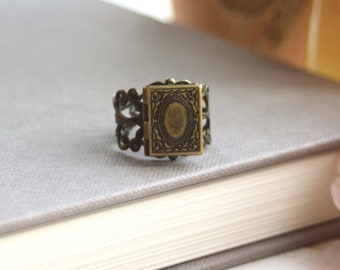 Book Locket Tiny Librarian Locket Ring A Book Locket Vintage Style Adjustable Ring Bookworm Unique Secret notes Wizard Book. Book of Spells.