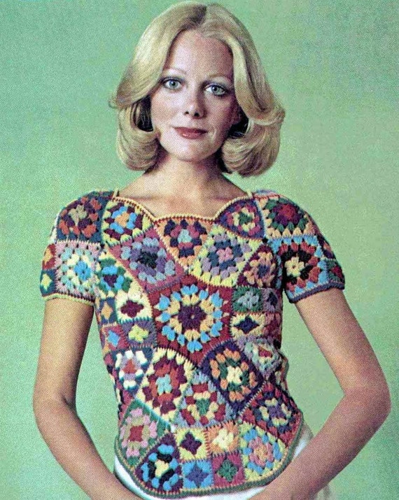 Vintage Crochet Pattern PDF 246 Stained Glass Granny Square Womens Top Vest Retro