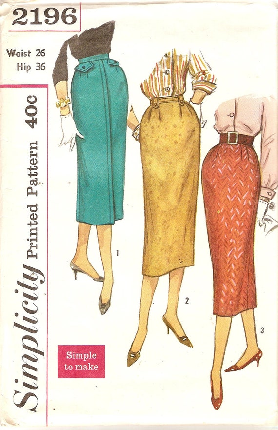 1950s Pencil Skirt Pattern Waist 26 Simplicity 2196 Vintage