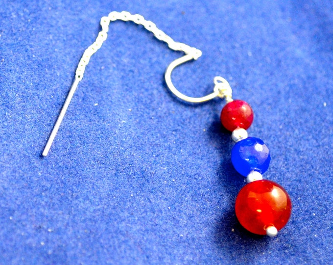 Ruby, Sapphire Ear Thread Earrings, 3" Sterling Silver Ear Threads, Natural Ruby and Sapphire gem Beads E212