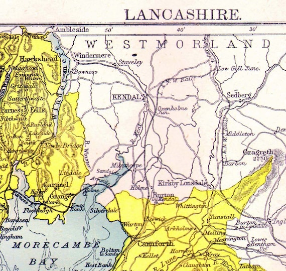 Lancashire County England Map Antique Copper Engraving Vintage