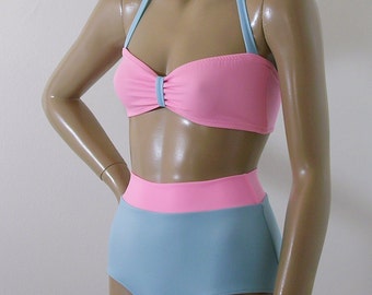 High Waisted Bikini Bottom Swimsuit and Retro Bandeau Top in Pink and Baby Blue in S.M.L.XL
