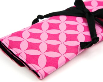Knitting Needle Case - Pink Cathedral - IN STOCK black pockets for all sizes or paint brushes