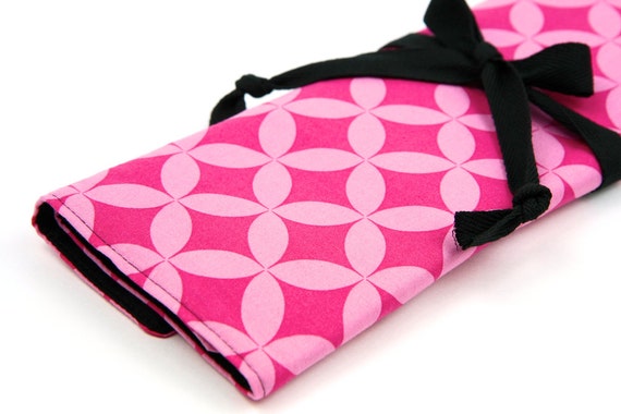 Knitting Needle Case - Pink Cathedral - IN STOCK black pockets for all sizes or paint brushes