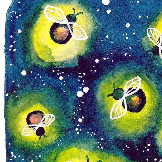 Watercolour Fireflies Night Light Art Print of Original