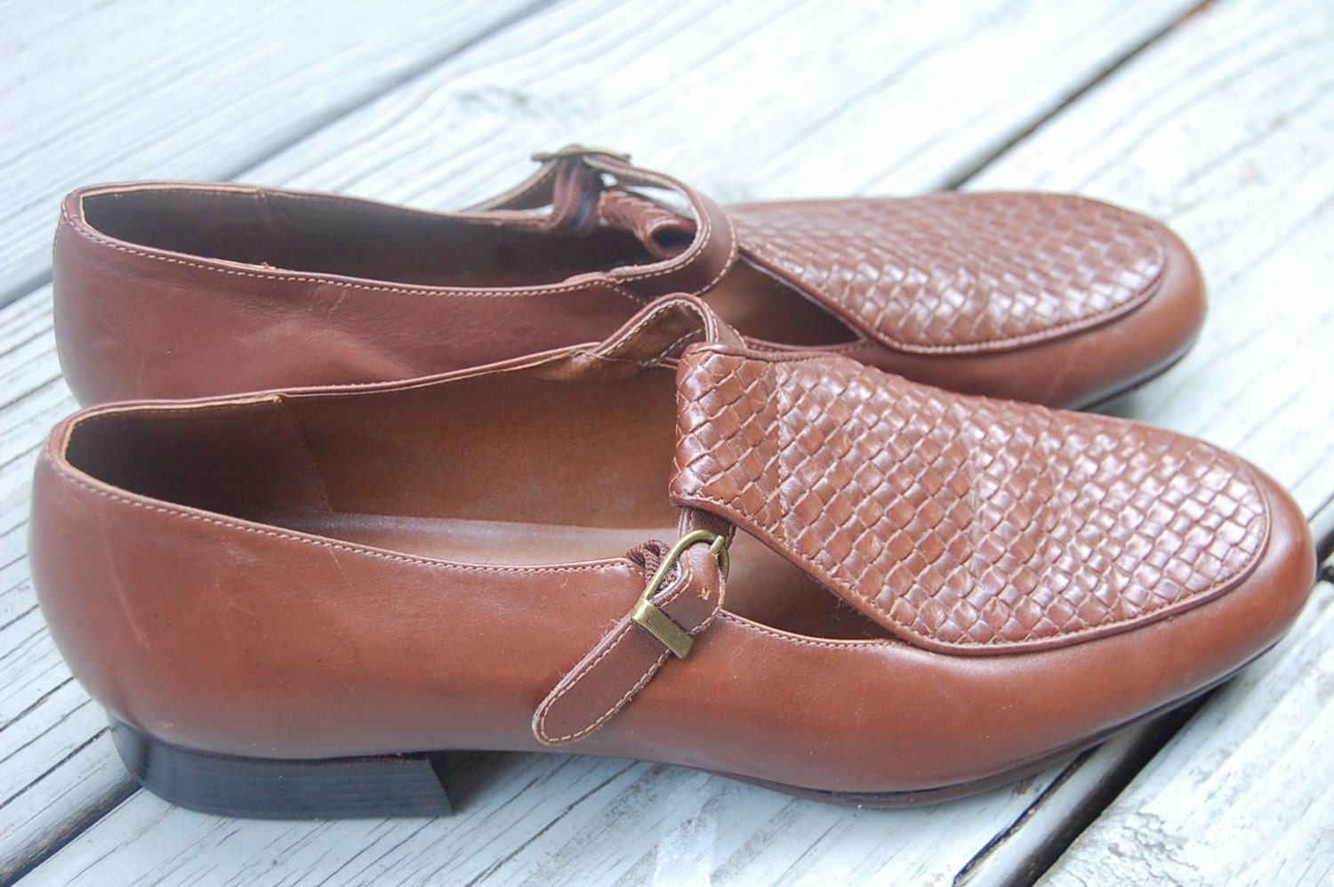 Vintage 80s 90s Hush Puppies Brown Woven Leather Basket Weave Mary