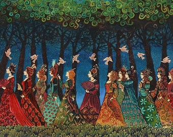 Twelve Women with Birds Sacred Grove 20x24 Poster Print Pagan Mythology Psychedelic Bohemian Gypsy Goddess Art