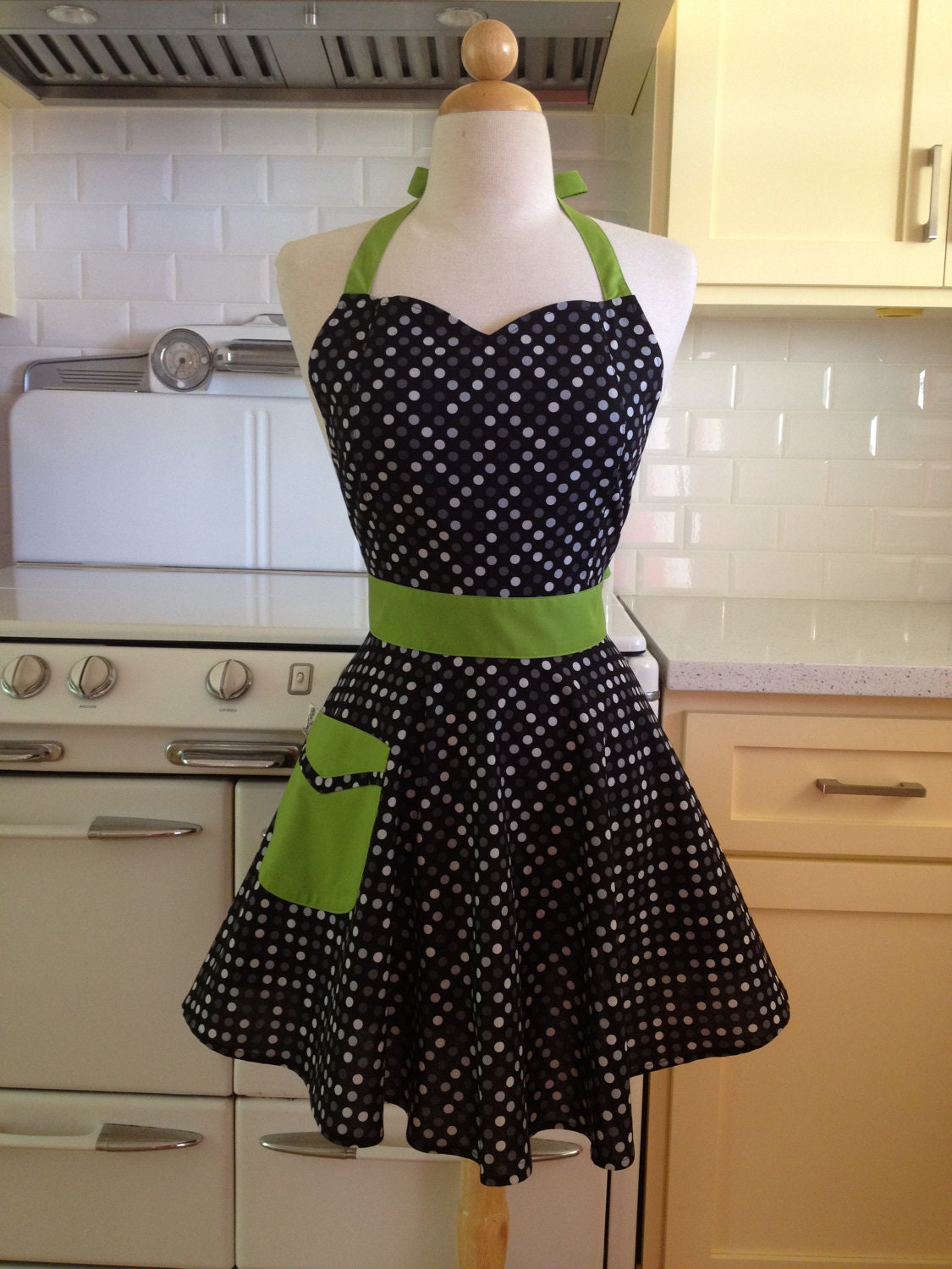 Retro Apron Polka Dot Black White Grey Green BELLA by Boojiboo