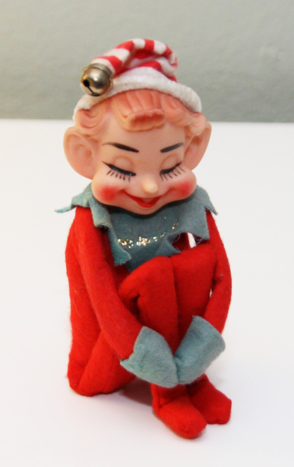 Vintage Knee Hugger Elf Felt Christmas Ornament Pixie Retro