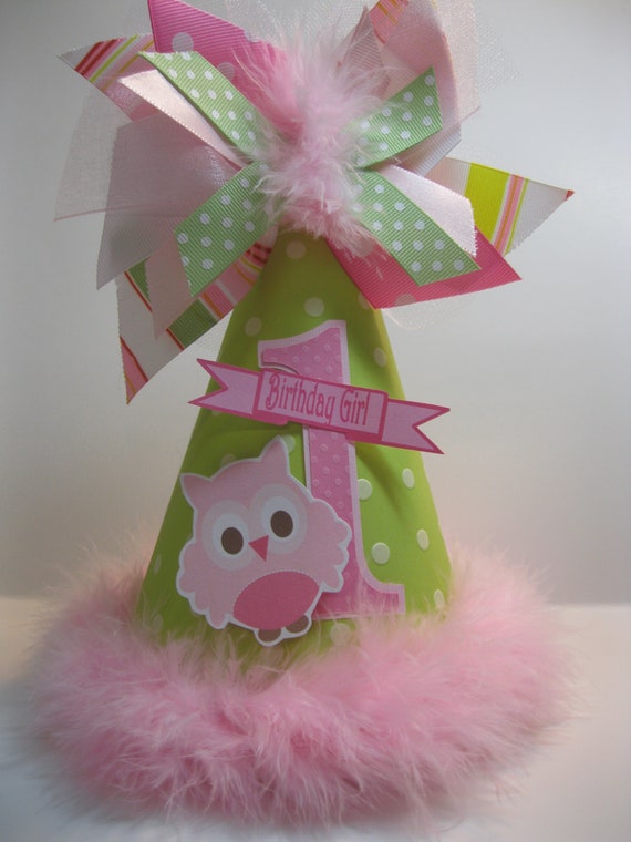 Girls Personalized Light Green and Pink Owl Birthday Party Hat