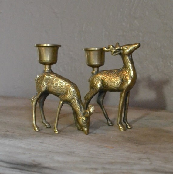 Vintage Pair of Brass Deer Candle Holders