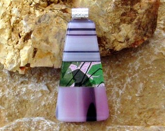 Fused Glass Pendant, Dichroic Jewelry, Pink and Cream Fused Glass Slide