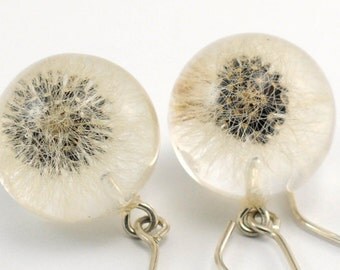 Small Dandelion Resin Earrings, Floral Silver Earrings