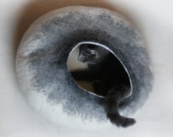 Pets Cave / Cat Cave / Cat Bed / Vessel - White to Gray Bubble - Hand Felted Wool - Crisp Contemporary Design - Eco Friendly - READY TO SHIP