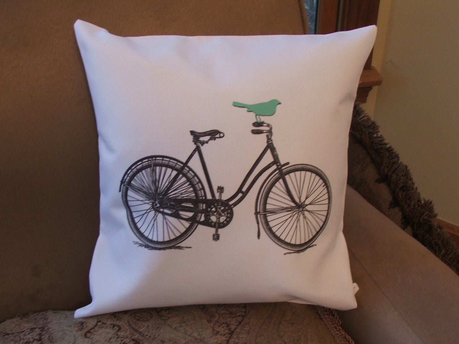 Bicycle pillow cover graphic throw pillow cover bird on bike