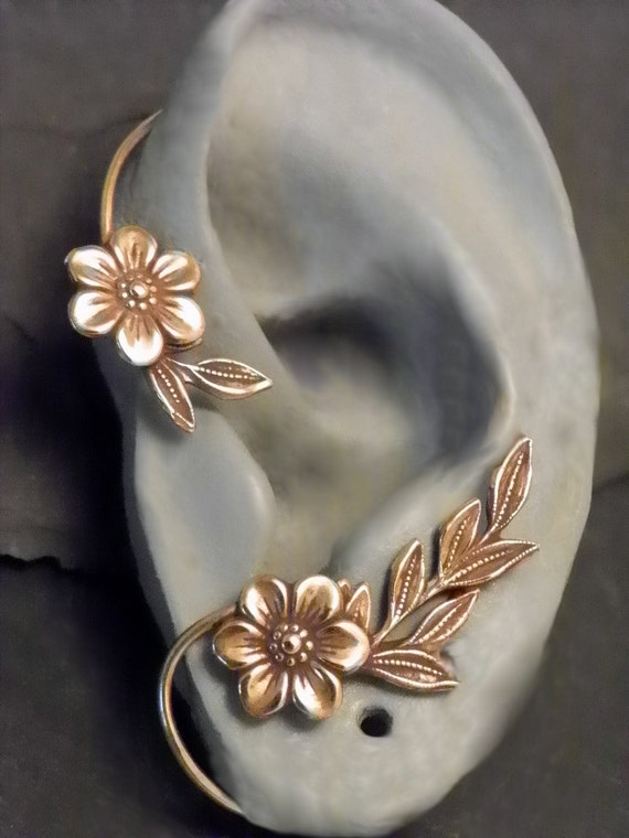 Flower and Leaf Ear Wrap GOLDEN GARDEN Brass Ear Cuff