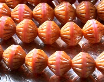 Czech glass fire polish 9mm fluted glass bead strand in Coral pink picasso finish Lori Lochner (25 beads)