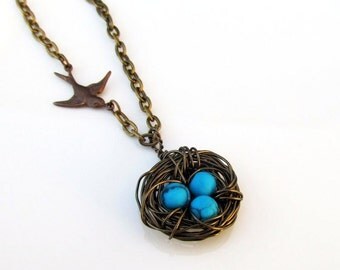 Bird's Nest Mother's Necklace, Brass nest with Howlite Eggs, Birthstone Necklace, Custom Necklace