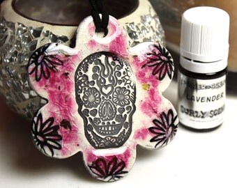 Lavender Scented Day of the Dead Skull Necklace with Lavender Essential Oil