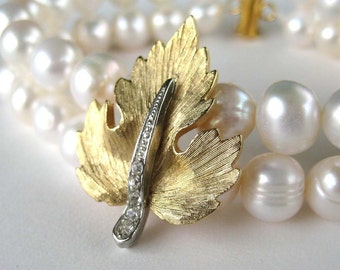 Gold Leaf Pearl Bracelet, 2 Strand Pearl Wedding Bracelet, Mixed Metals, Rhinestone, Northwoods