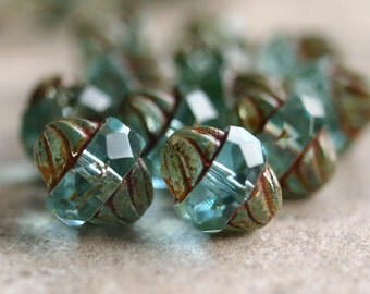 Czech Glass Aqua Turbine Bead Picasso Antique Style Faceted 11x10mm Oval : 10 pc