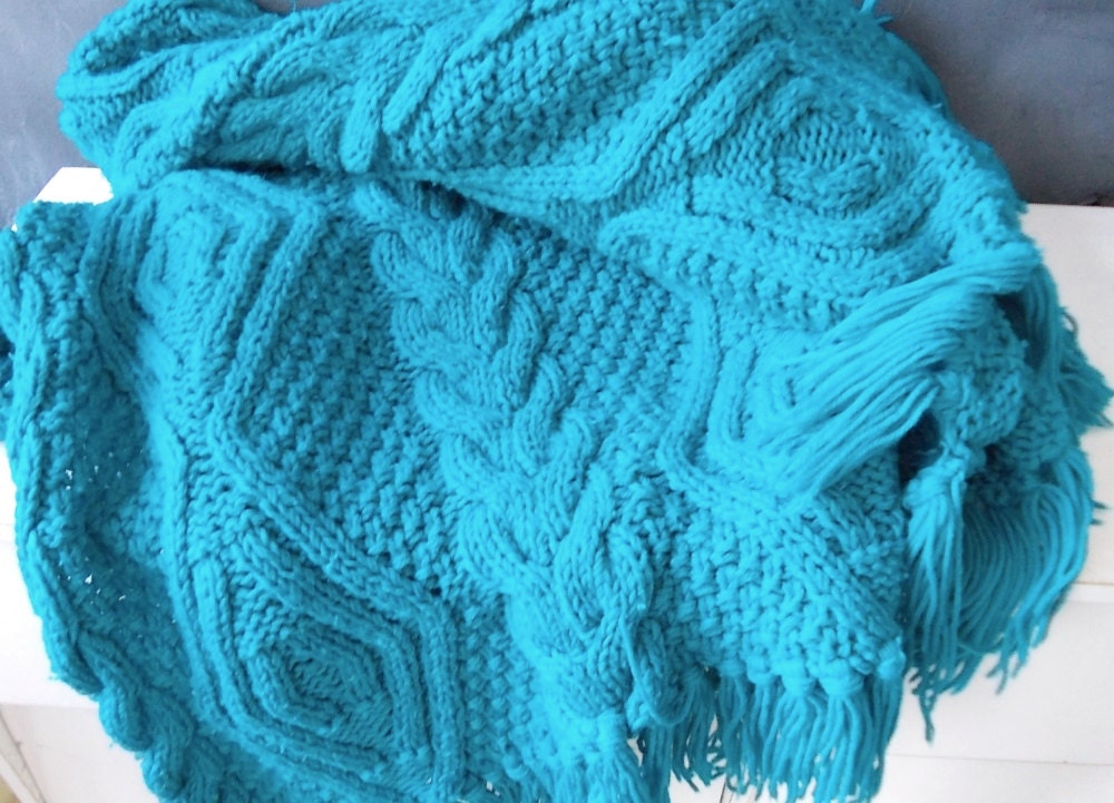 Teal Cable Knit Afghan Vintage Throw Blanket