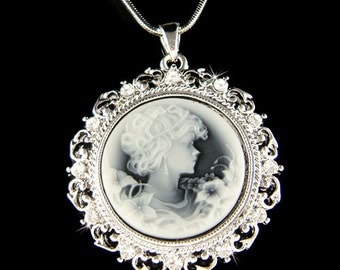 Swarovski Crystal Black Greek Goddess Roman Style CAMEO Pendant Necklace New Christimas Gift
