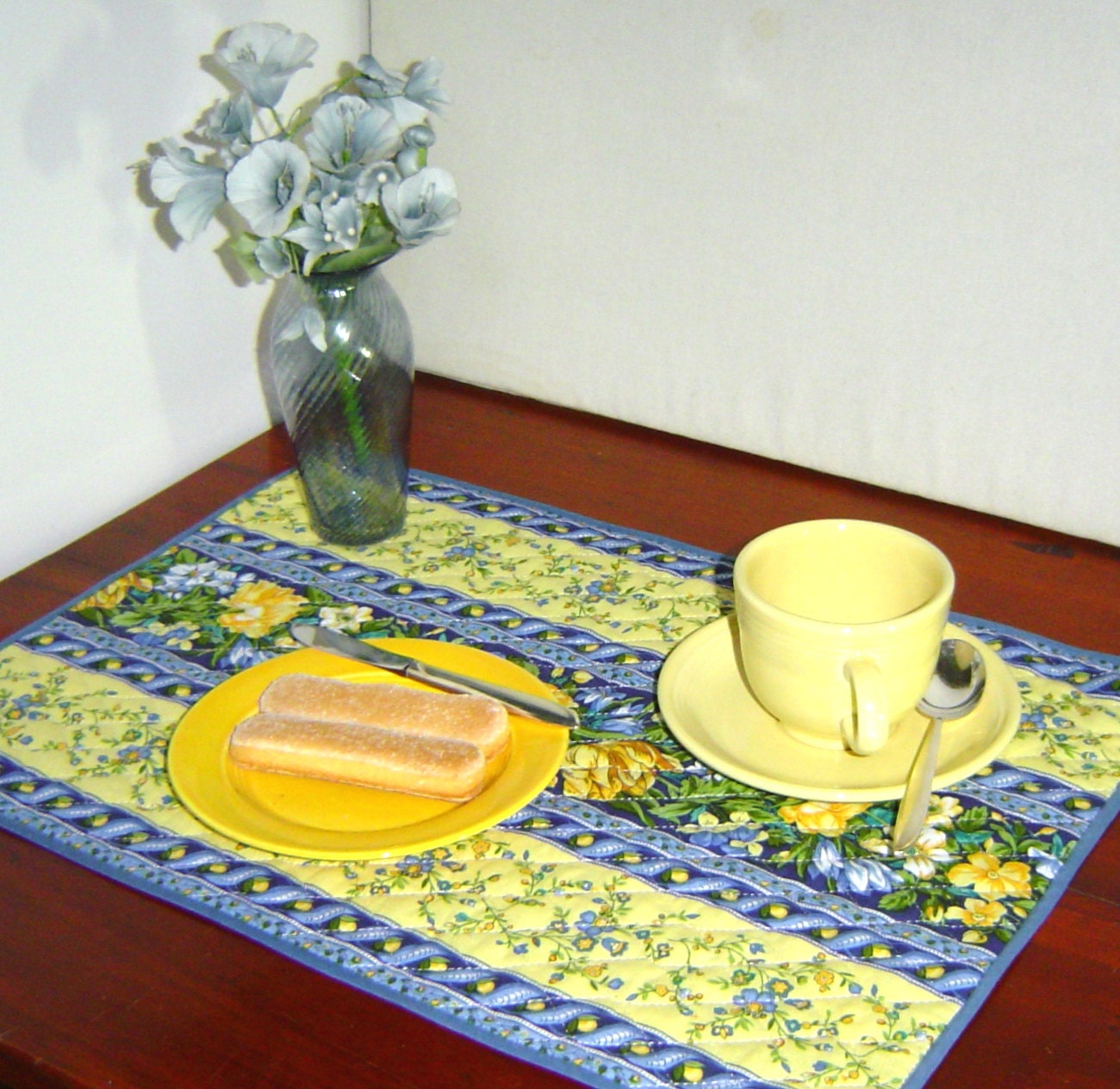 Quilted placemats blue and yellow French Provincial decor