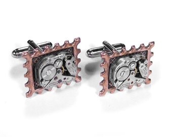 Steampunk Mens Cufflinks Watch Cuff Links Rose Gold Setting Wedding Anniversary Groom Fathers Fiancee Gift - Steampunk Jewelry by edmdesigns