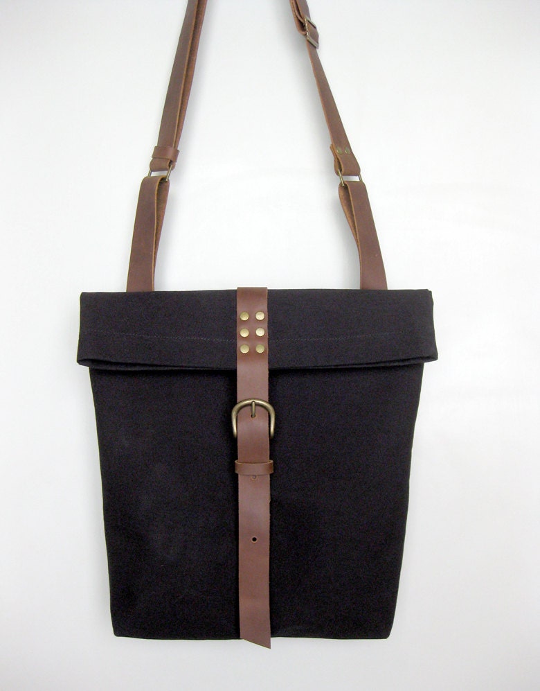 Black Canvas Messenger Tote Bag Brown Leather Straps