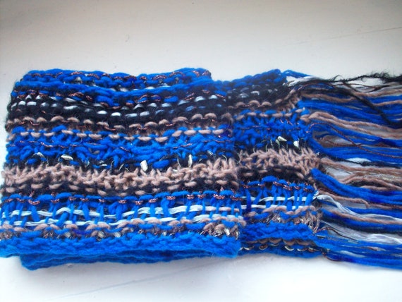 Long knit wool scarf bright blue caramel black by SpinningStreak