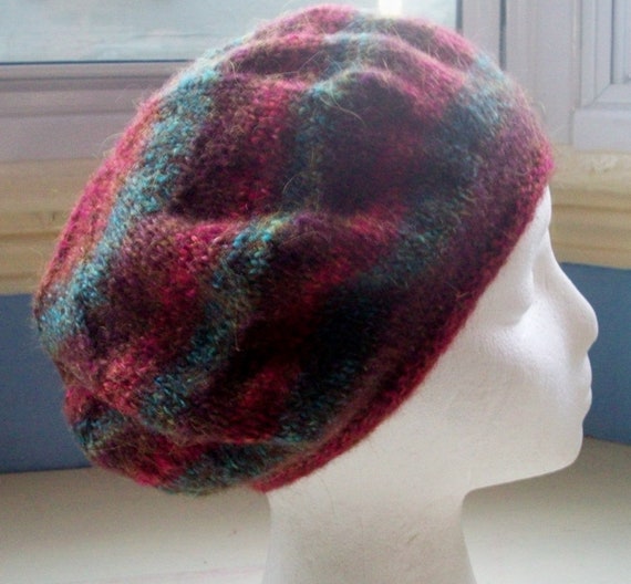Classic beret tam hand knitted dark red green by SpinningStreak