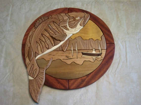 Items similar to Wood Intarsia Lake Bass Scene on Etsy