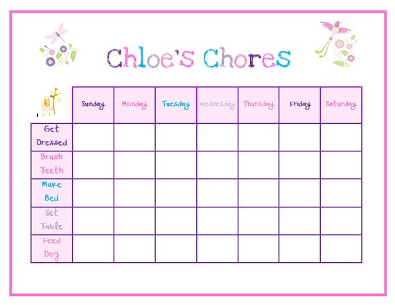 Items similar to Girls Printable Customized Chore Chart - Flowers on Etsy