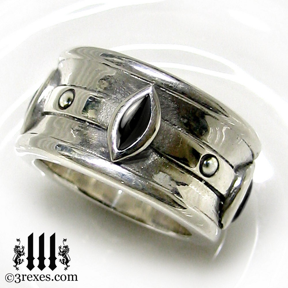 Gothic Wedding Ring Mens Medieval Engagement Band Black Onyx