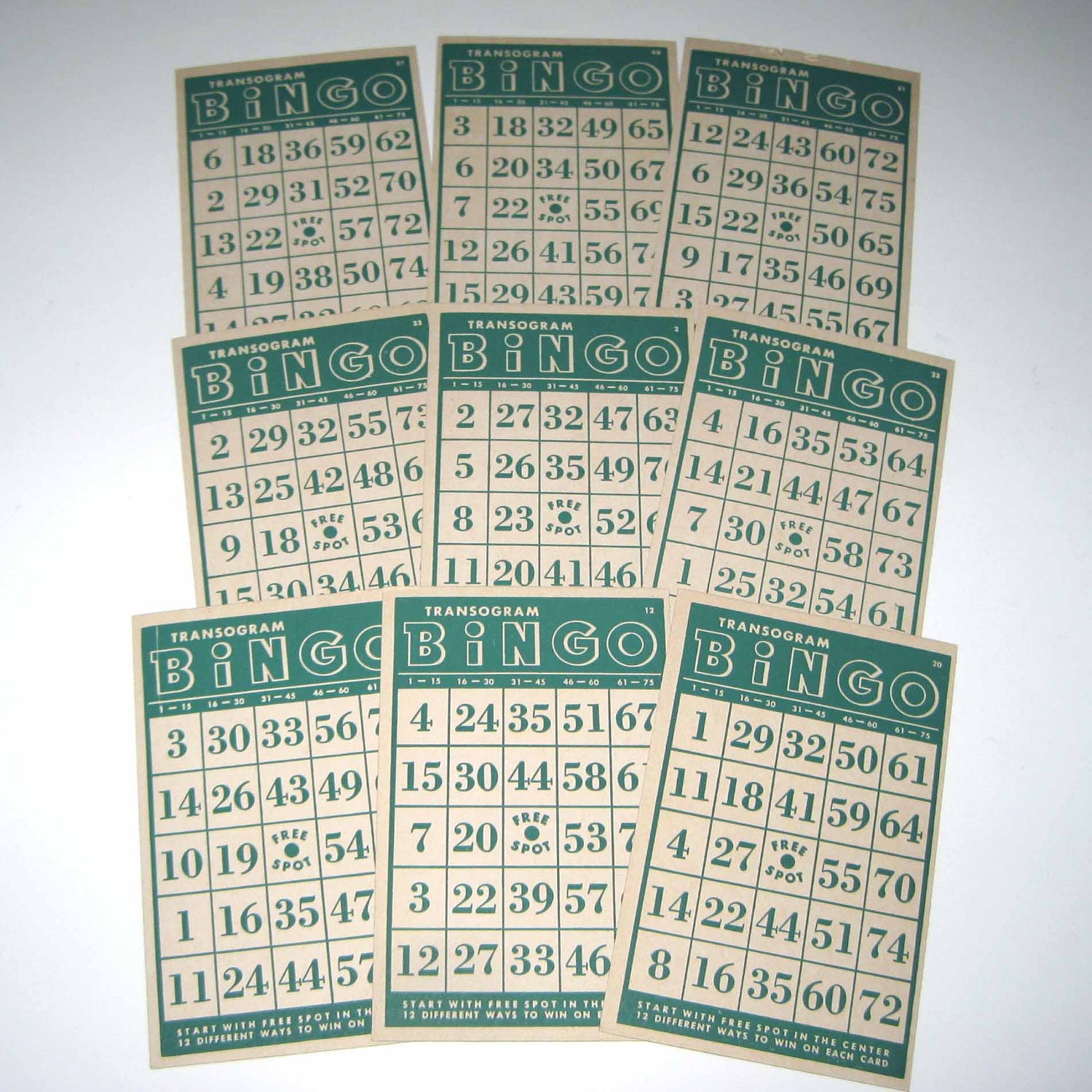 Vintage 1940s Green Transogram Bingo Cards Set of 9