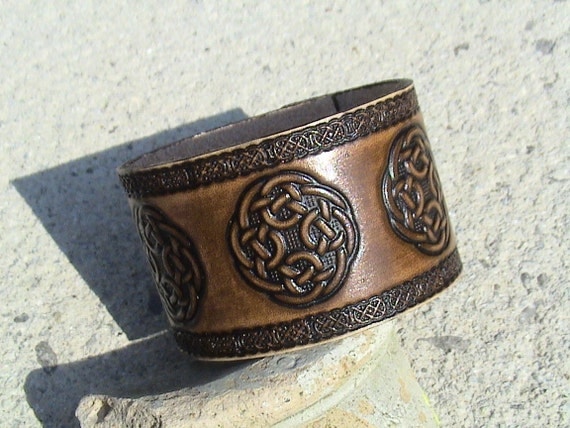 Antiqued Celtic Leather Wristband 1.5 inch by leathermadenice
