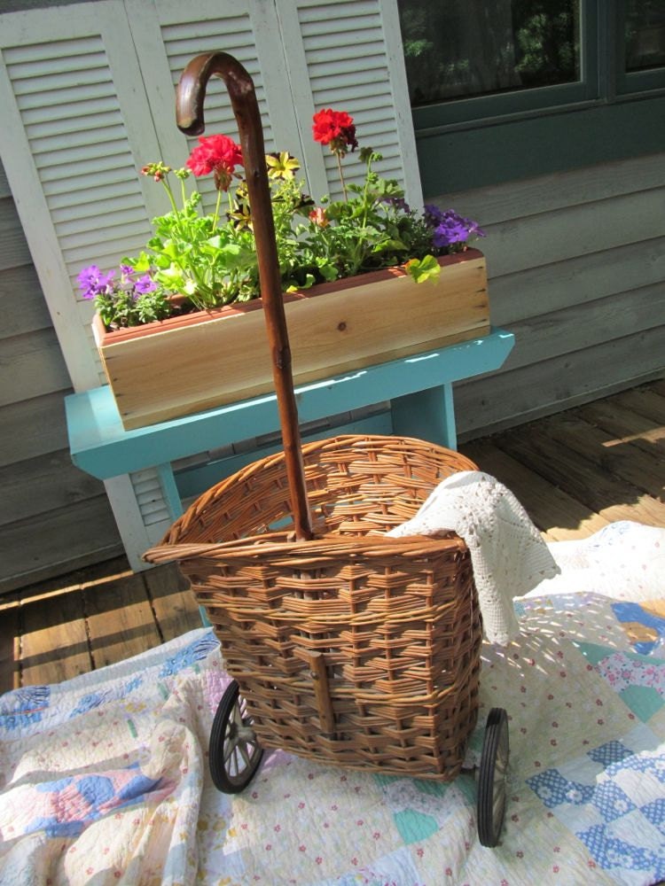 Vintage Wicker Basket Market Cart Shabby French Cottage