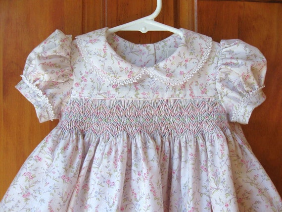 Hand smocked baby girl dress pink trailing roses on white Size