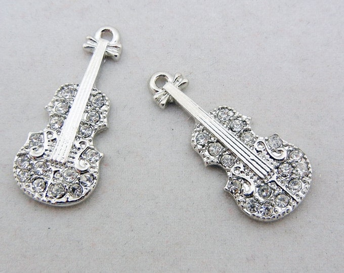 Pair of Silver-tone Violin Charms Rhinesrone Accents