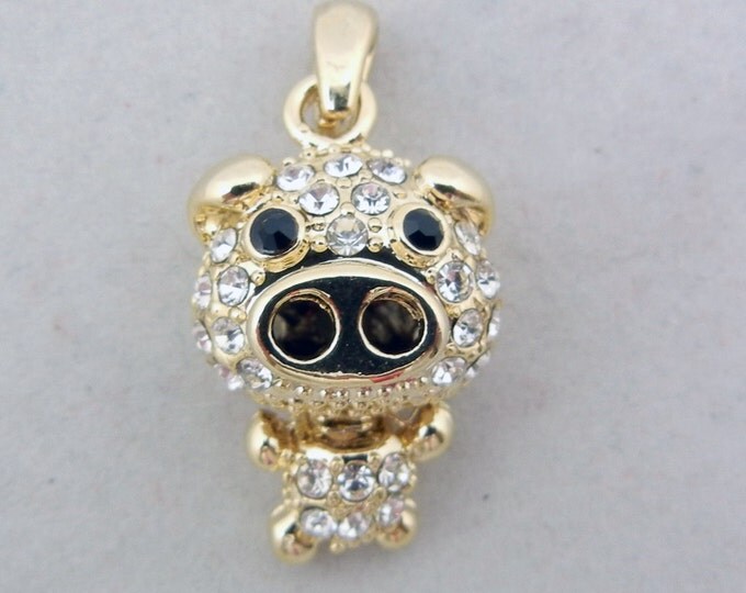 Gold-tone Dimensional Pig Pendant Rhinestone Encrusted