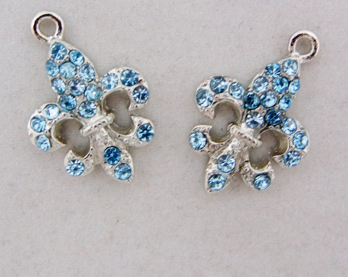 Pair of Silver-tone Light Blue Turquoise Rhinestone Fleur de Lis Charms