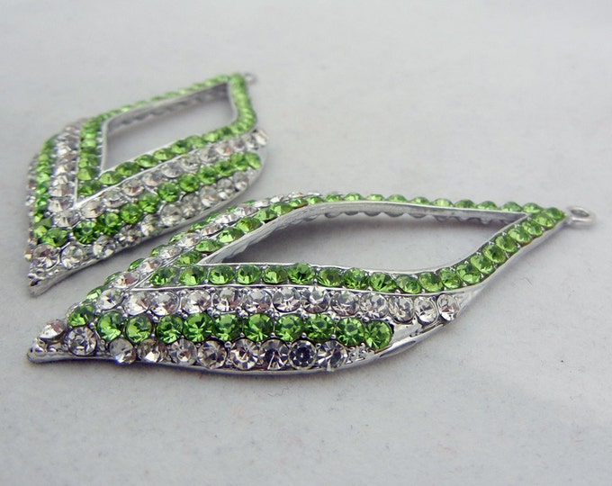 Pair of Silver-tone Green Peridot Rhinestones Cut-out Diamond Drop Charms