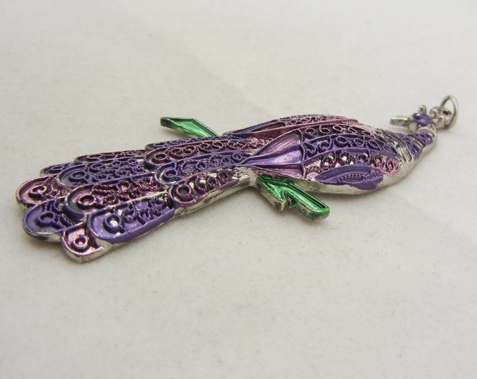 Silver-tone Textured Peacock Pendant with Purple Epoxy Wash