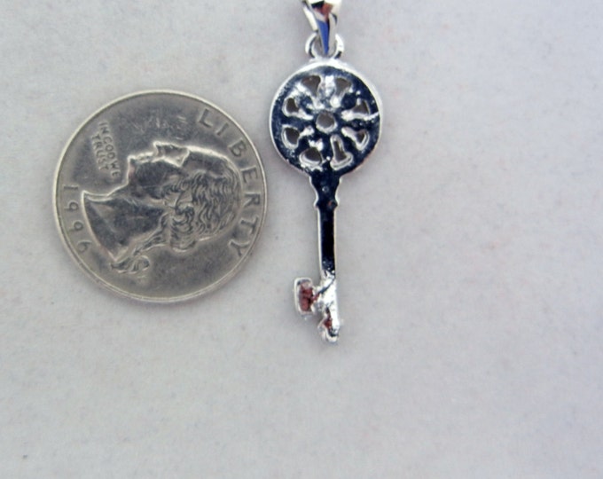 Small Rhinestone Encrusted Skeleton Key with Round Flower Top Pendant