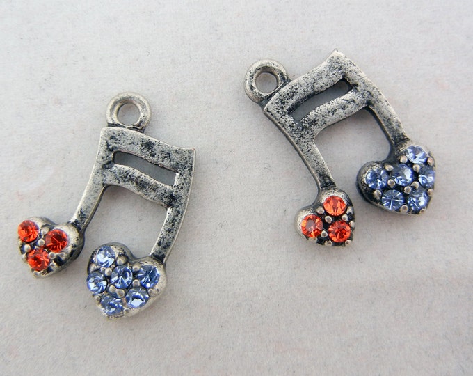 Small Pair of Antique Silver-tone Red and Blue Rhinestone Musical Note Charms