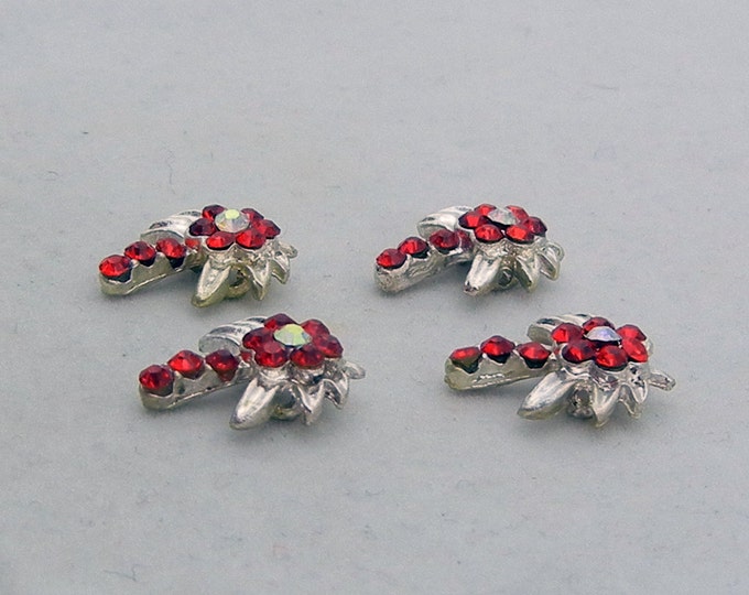 Set of 4 Tiny Red Rhinestone Palm Tree Slide Charms Silver-tone