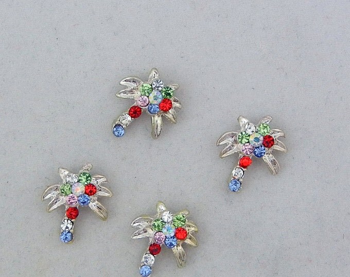 Set of 4 Tiny Multi Colored Rhinestone Palm Tree Slide Charms Silver-tone