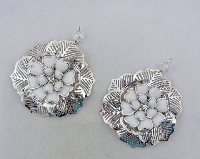Pair of Large Dimensional Silver-tone Filigree Flower Charms